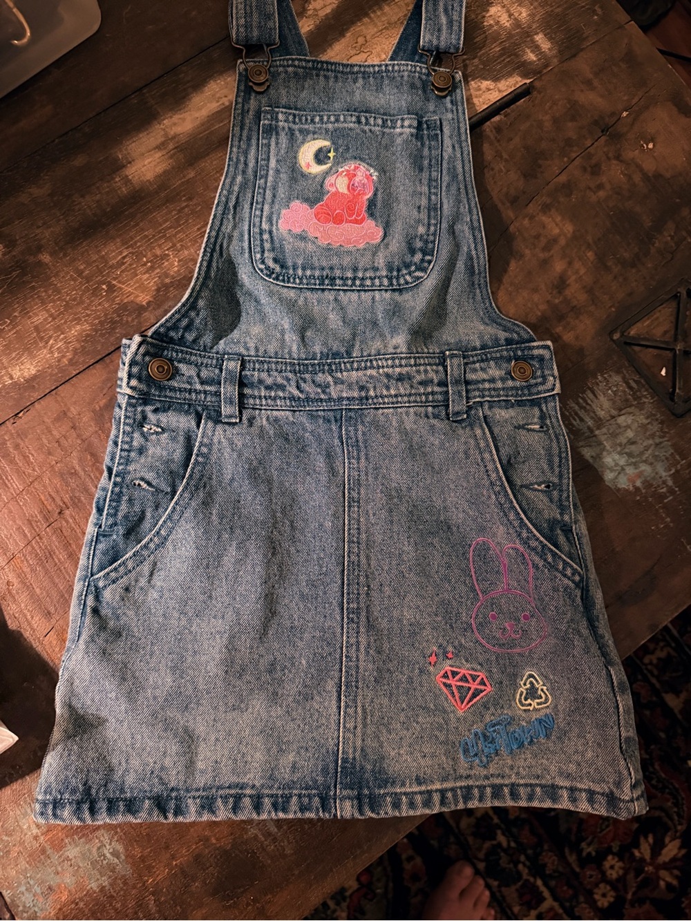 Disney Pixar Blue Denim Pockets Embroidered Bunny Overalls Skirt Girls